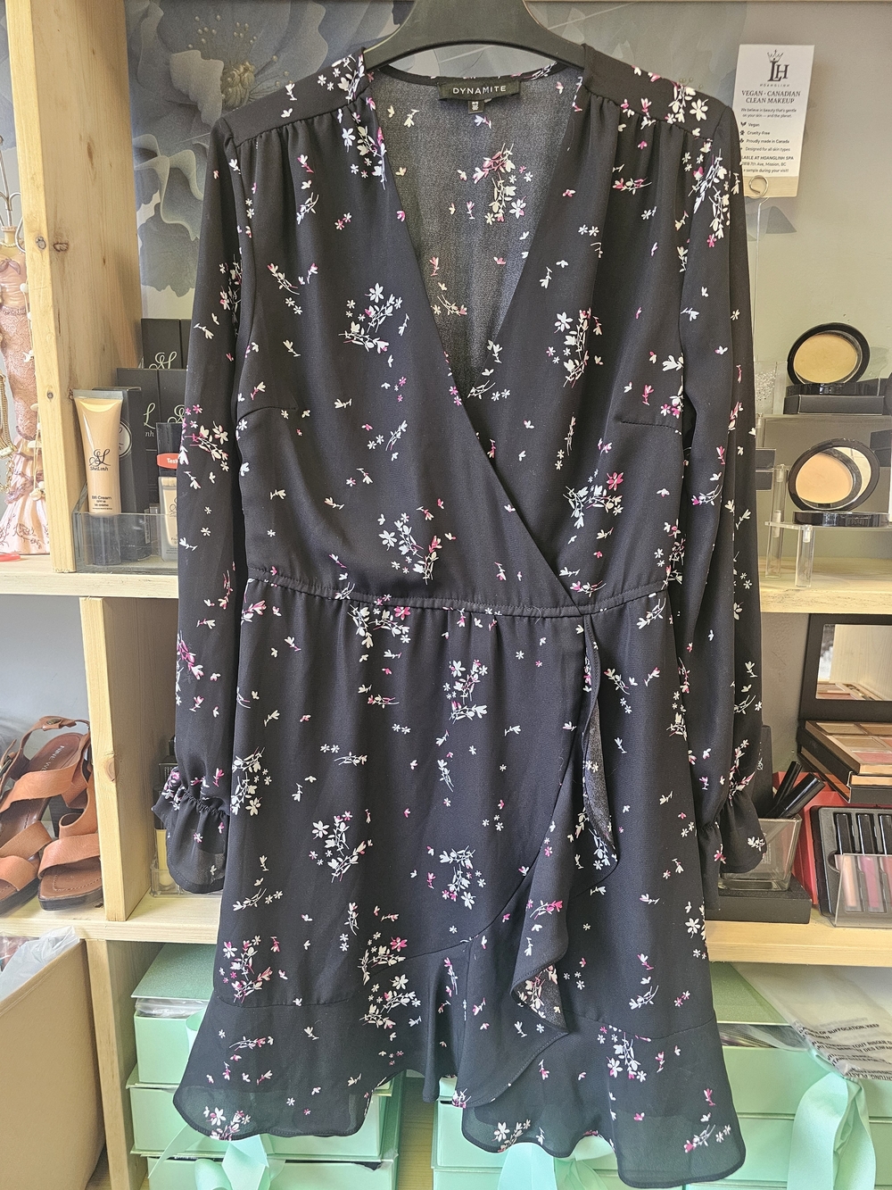 Dynamite Black Floral Wrap Dress with Pink Accents - Picture 2 of 4